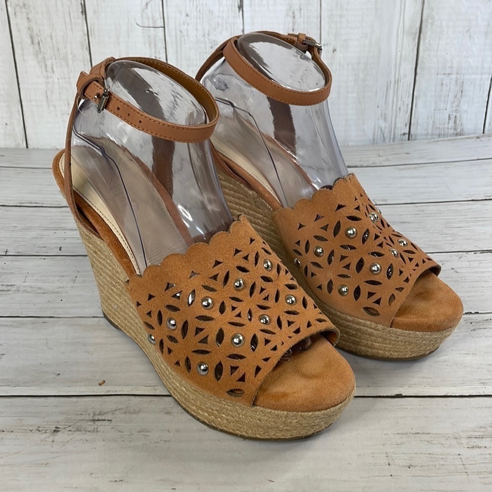 Marc Fisher Butterscotch Suede Studded Wedge Espadrille Ankle Strap Sandal